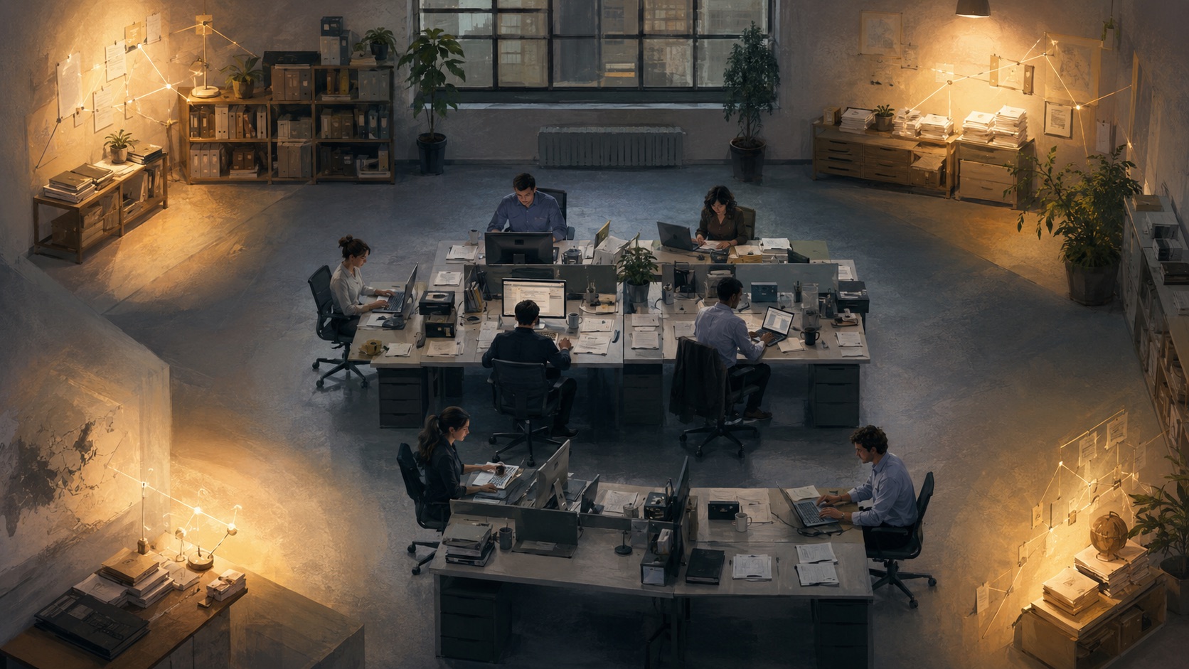 A dim office at dusk — people work at desks in the shadowed center while warm points of light illuminate the room's corners, where the maps, files, and notes hang.
